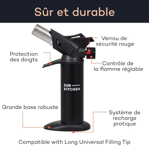 Chalumeau De Cuisine EurKitchen Premium Avec Jauge Et Verrou Sécurité - Flamme Ajustable Jusqu'à 1300°C